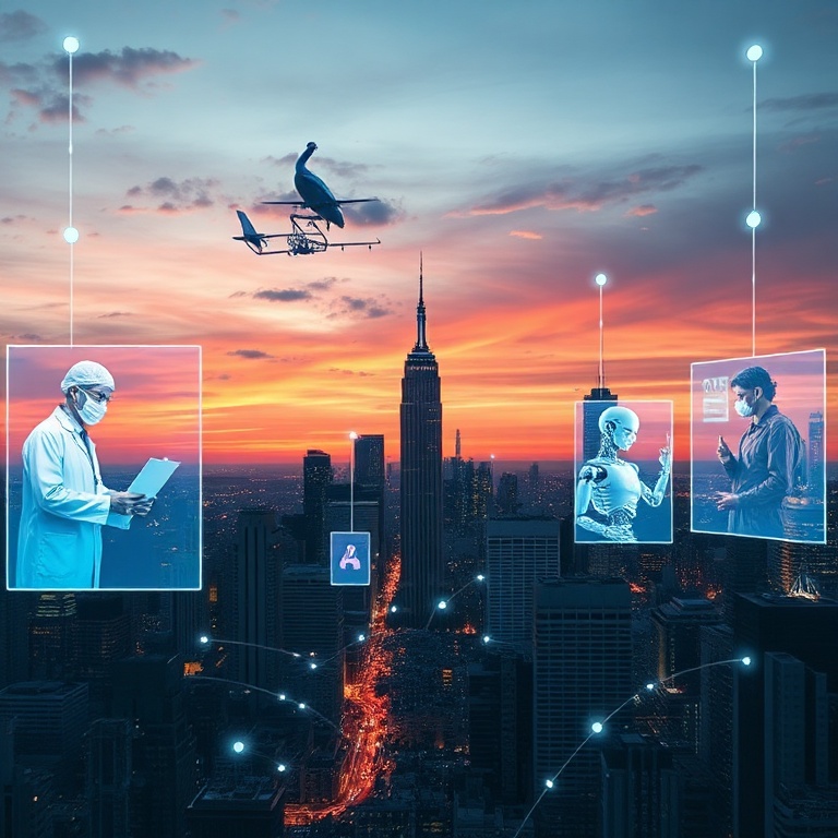 A bustling, futuristic city skyline at dusk, with holographic projections illustrating various industries being transformed b