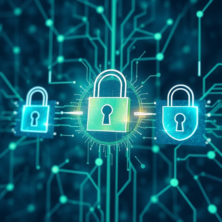 A conceptual image showing data privacy and security, represented by digital locks and shields protecting sensitive informati