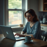 A woman sitting alone at a kitchen table, looking troubled and deep in thought, with a laptop open showing financial spreadsheets, muted colors, soft natural light filtering through a window, a single coffee cup, reflecting a sense of burden and secrecy, realistic, high detail, melancholic atmosphere