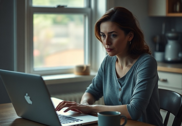 A woman sitting alone at a kitchen table, looking troubled and deep in thought, with a laptop open showing financial spreadsheets, muted colors, soft natural light filtering through a window, a single coffee cup, reflecting a sense of burden and secrecy, realistic, high detail, melancholic atmosphere