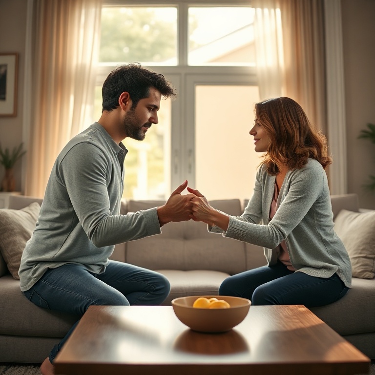 sister - A couple holding hands across a coffee table, engaged in a serious but loving conversation, warm and supportive atmo