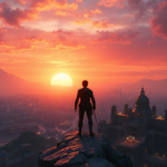 A vibrant, highly detailed screenshot from a fictional AAA action-adventure video game, showing a protagonist standing on a cliff overlooking a sprawling fantasy city at sunset. The sky is painted in hues of orange and purple, with ancient architecture and glowing magical elements in the background. Cinematic, epic scale, ultra realistic, 8k quality, game art style.
