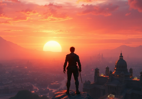 A vibrant, highly detailed screenshot from a fictional AAA action-adventure video game, showing a protagonist standing on a cliff overlooking a sprawling fantasy city at sunset. The sky is painted in hues of orange and purple, with ancient architecture and glowing magical elements in the background. Cinematic, epic scale, ultra realistic, 8k quality, game art style.