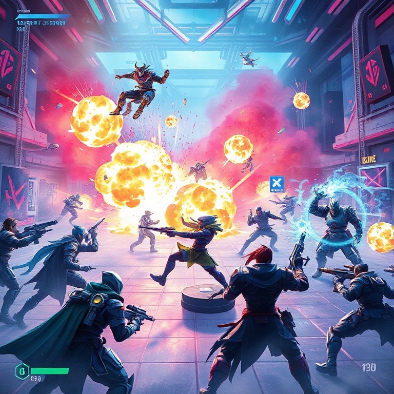 epic - A chaotic and vibrant scene from a popular futuristic live-service video game, showing multiple characters with unique