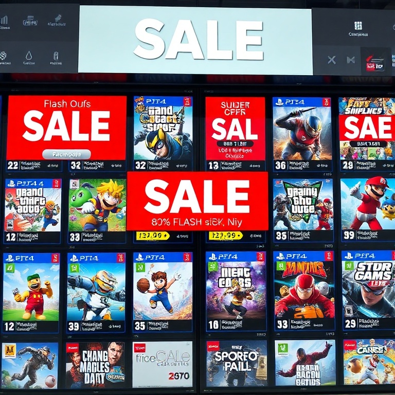 epic - A digital storefront interface displaying various video game covers with large 'SALE' banners and percentage discounts