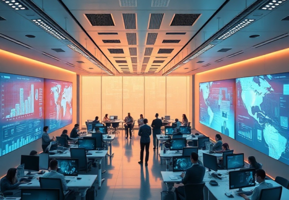 A futuristic, sleek office environment with multiple holographic screens displaying integrated productivity apps, people collaborating seamlessly, warm ambient lighting, ultra-modern design, high-tech, 8k quality, photorealistic