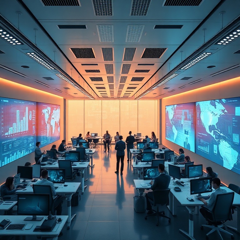 A futuristic, sleek office environment with multiple holographic screens displaying integrated productivity apps, people collaborating seamlessly, warm ambient lighting, ultra-modern design, high-tech, 8k quality, photorealistic
