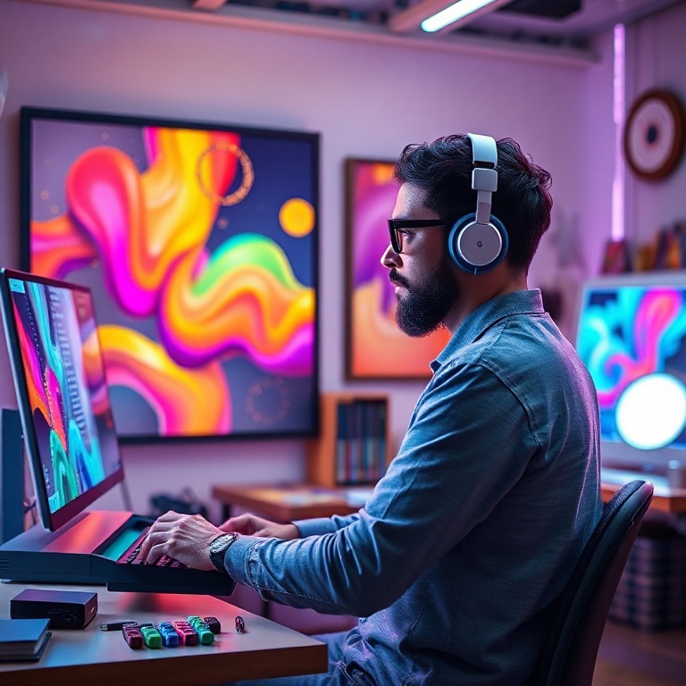 A digital artist in a vibrant studio, collaborating with a holographic AI interface that projects evolving abstract art forms