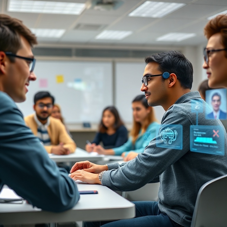 tools - A virtual classroom setting with diverse students interacting with holographic AI tutors, personalized learning paths