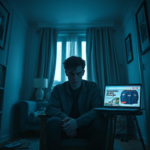 A young person sitting alone in a dimly lit apartment, looking stressed and overwhelmed, surrounded by retail store uniforms on a chair and a laptop displaying a fake graphic design portfolio. The mood is anxious and isolated, with cool blue and grey tones dominating, creating a sense of quiet despair. Cinematic, realistic, high detail.