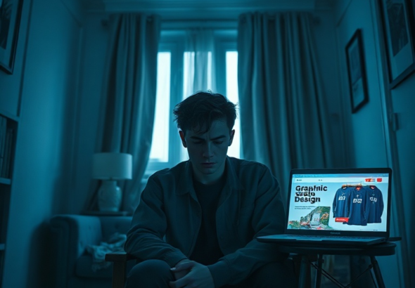 A young person sitting alone in a dimly lit apartment, looking stressed and overwhelmed, surrounded by retail store uniforms on a chair and a laptop displaying a fake graphic design portfolio. The mood is anxious and isolated, with cool blue and grey tones dominating, creating a sense of quiet despair. Cinematic, realistic, high detail.