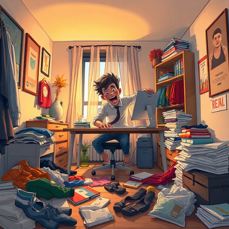 confession - A frantic young person in a small apartment, attempting to quickly set up a makeshift 'office.' They are surroun
