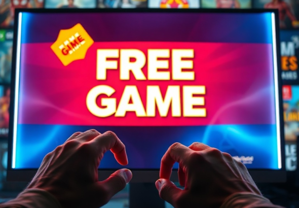 A vibrant digital storefront display on a computer screen, showing a prominent 'Free Game' banner with a stylized game logo. The screen is glowing with a futuristic interface, hands are subtly reaching for a mouse, signifying immediate action. The background is slightly blurred with other game covers. The mood is exciting and anticipatory, with bright, inviting colors. Ultra realistic, high detail, 8k quality, digital art style.