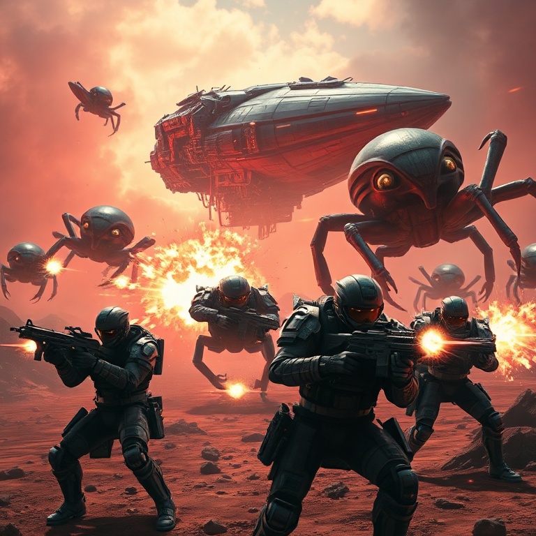 urgent - A team of four Helldivers 2 soldiers in futuristic armor, wielding various weapons, engaging giant alien bugs (Termi