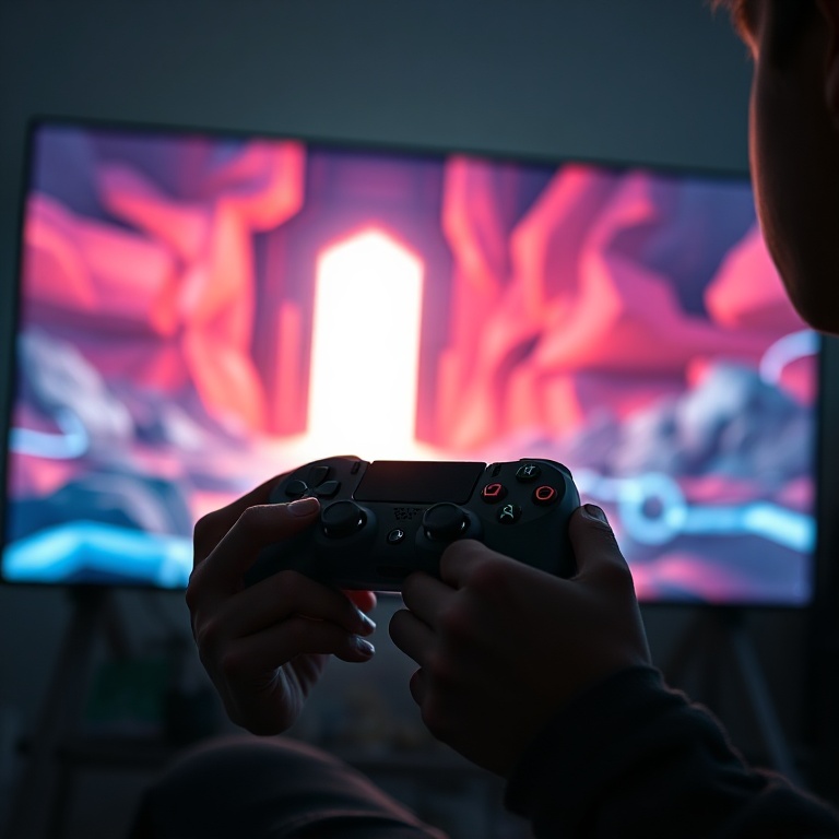 urgent - A close-up of a gamer's hands holding a modern controller, illuminated by the glow of a large, high-resolution gamin