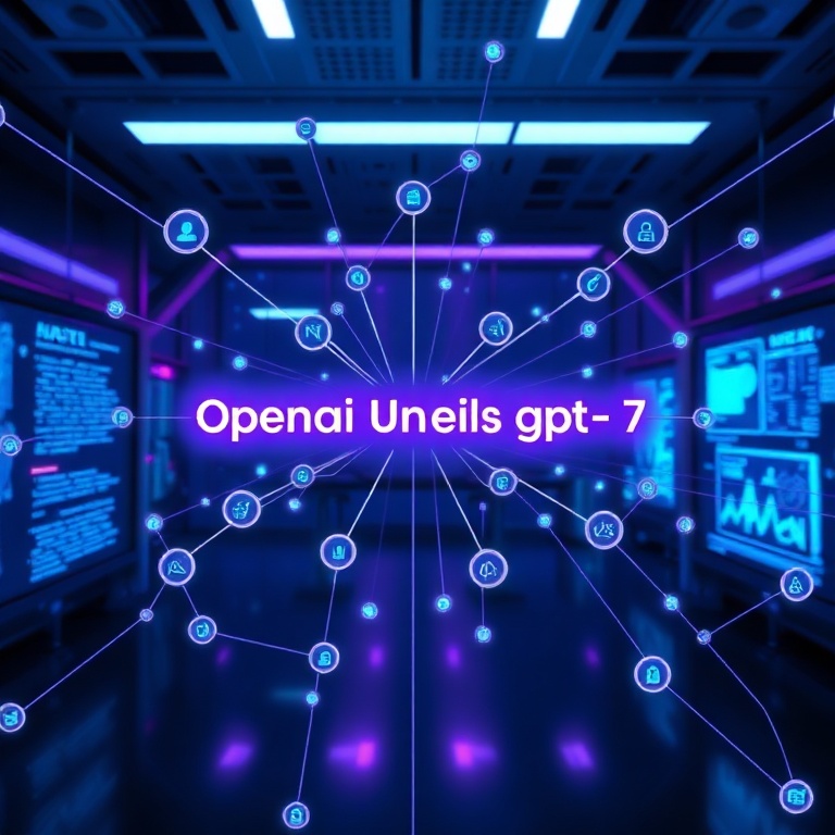 A futuristic AI interface displaying interconnected nodes representing text, image, audio, and video data streams, glowing with soft blue and purple light, illustrating the multimodal capabilities of OpenAI's GPT-7, in a sleek, high-tech research lab setting, ultra realistic, highly detailed, 8k quality, photorealistic, with the focus keyword 'Openai Unveils Gpt7' subtly integrated into a digital display.