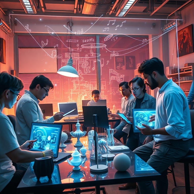 A diverse group of artists and designers collaborating with a holographic GPT-7 interface, generating concept art, music scor