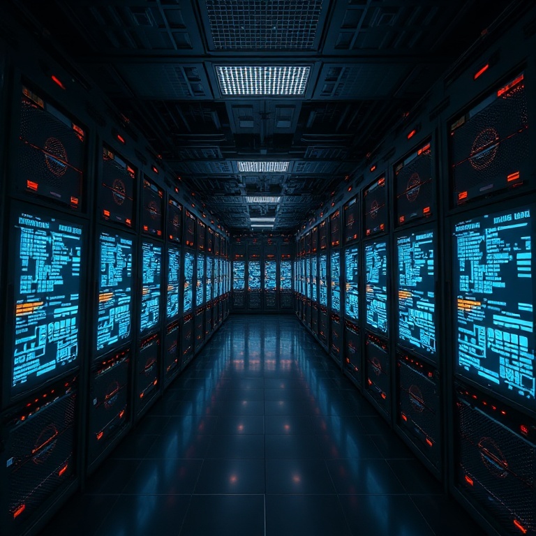 A massive, dimly lit server room with rows of glowing AI supercomputers, showcasing the immense computational power and infra