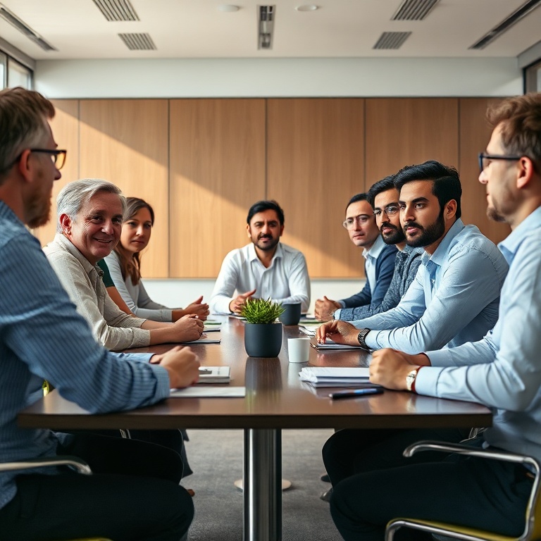 A diverse group of people from different professions (artists, ethicists, developers, policymakers) gathered around a table,