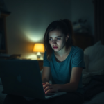 A young woman sitting alone in a dimly lit room, illuminated by the glow of a laptop screen, looking distraught and burdened by a heavy secret. The room is messy, reflecting internal turmoil. Muted colors, cinematic lighting, ultra realistic, highly detailed, 8k quality, photorealistic, feeling of isolation and regret