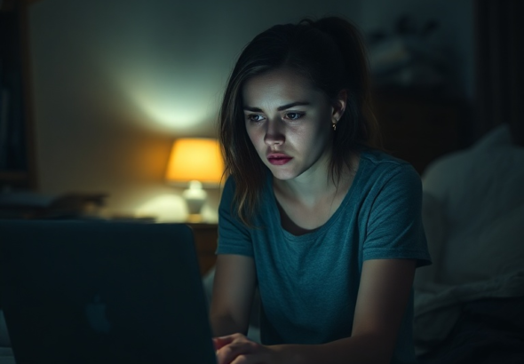 A young woman sitting alone in a dimly lit room, illuminated by the glow of a laptop screen, looking distraught and burdened by a heavy secret. The room is messy, reflecting internal turmoil. Muted colors, cinematic lighting, ultra realistic, highly detailed, 8k quality, photorealistic, feeling of isolation and regret