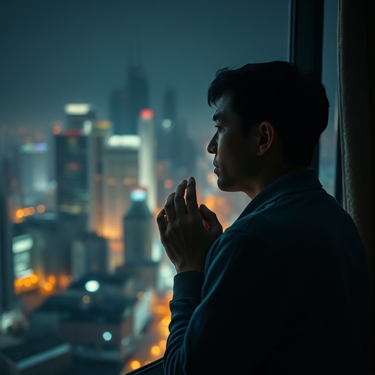 confession - A person looking out a window at a bustling city, their face reflecting deep contemplation and sadness, hands cl