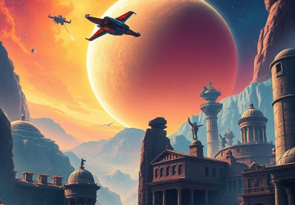 A vibrant digital illustration depicting the cosmic exploration of 'Outer Wilds' with a small spaceship flying near a gas giant, combined with a mysterious ancient Roman city scene from 'The Forgotten City' in a split composition, warm and cool color palette, highly detailed, game art style, cinematic lighting, showcasing the week's free games for a Breakdown Weeks Free analysis.