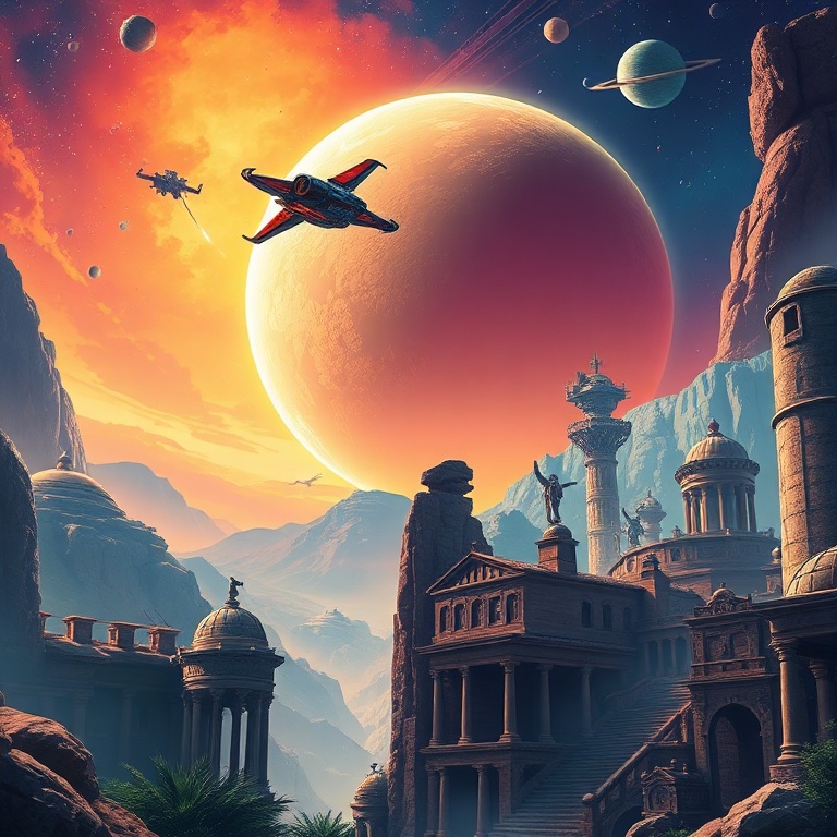 A vibrant digital illustration depicting the cosmic exploration of 'Outer Wilds' with a small spaceship flying near a gas giant, combined with a mysterious ancient Roman city scene from 'The Forgotten City' in a split composition, warm and cool color palette, highly detailed, game art style, cinematic lighting, showcasing the week's free games for a Breakdown Weeks Free analysis.