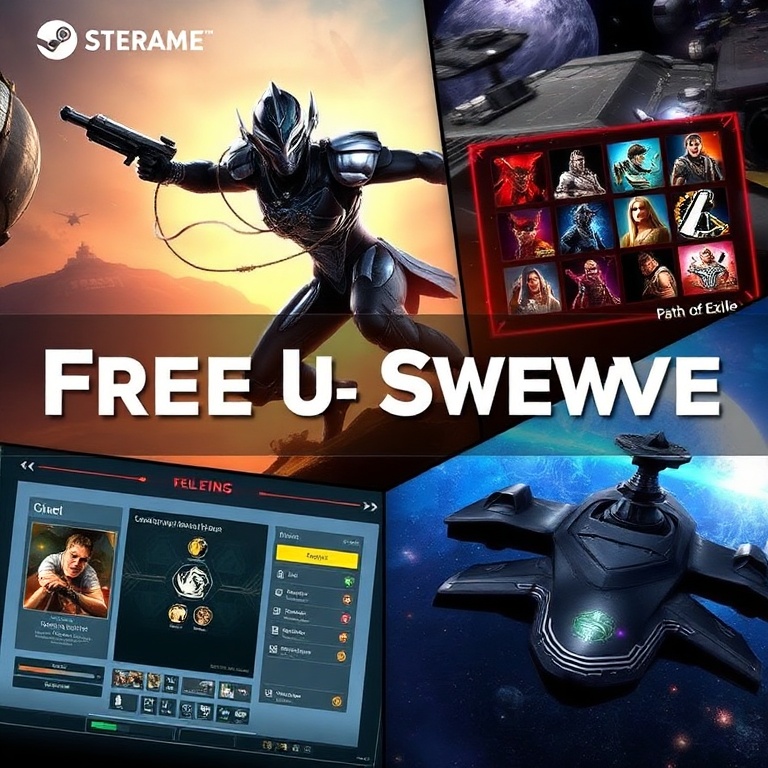 unlock - A dynamic collage showcasing various free-to-play Steam games: a futuristic warrior from Warframe in action, a detai
