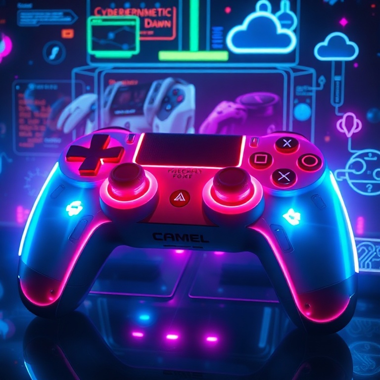 unlock - A futuristic, sleek gaming console controller glowing with neon lights, surrounded by holographic displays showing s