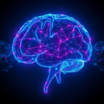 futuristic AI holographic brain with neon lights, showing complex neural networks and data streams, dark background, blue and purple hues, highly detailed, 8k quality, digital art, cinematic atmosphere