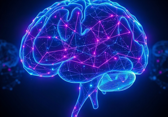 futuristic AI holographic brain with neon lights, showing complex neural networks and data streams, dark background, blue and purple hues, highly detailed, 8k quality, digital art, cinematic atmosphere
