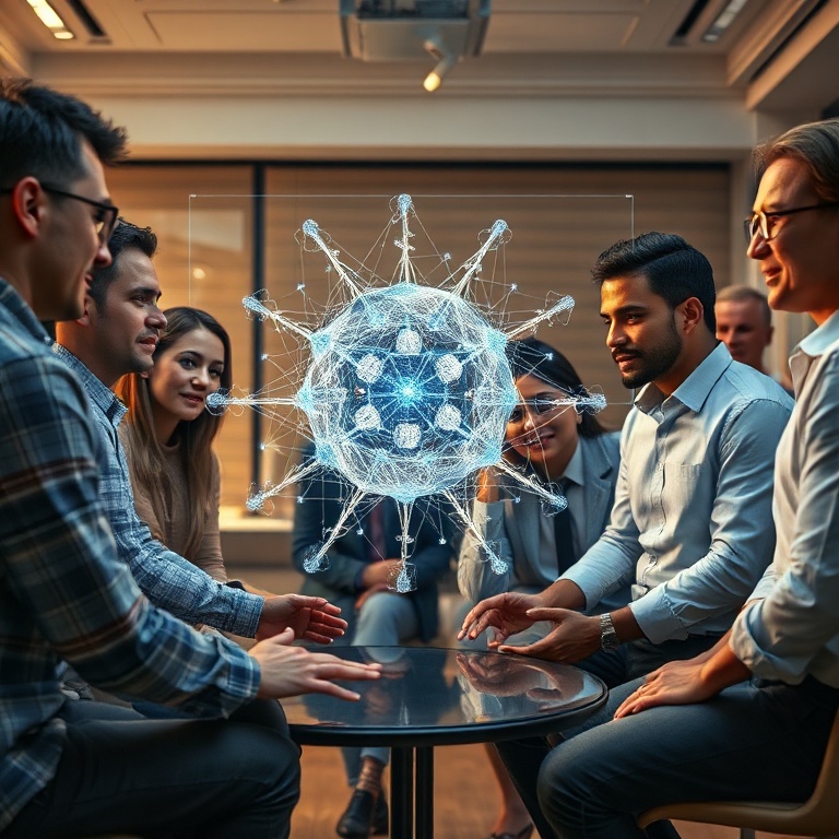 master - diverse group of people collaborating around a holographic projection of a neural network, discussing ethical AI gui