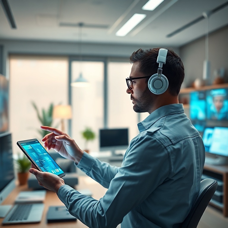 master - person interacting seamlessly with multiple digital interfaces and smart devices, empowered by advanced AI, futurist