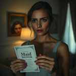 A woman looking visibly distressed, holding a 'Maid of Honor' invitation, her reflection showing a shadowed, guilt-ridden face, in a cozy but melancholic room, soft evening light, cinematic, high detail, symbolizing the internal struggle before a potential confession.
