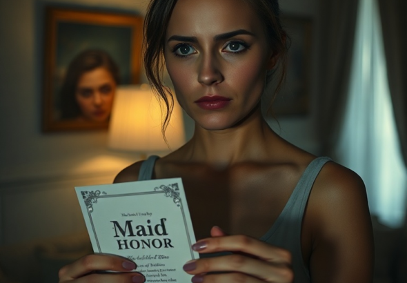 A woman looking visibly distressed, holding a 'Maid of Honor' invitation, her reflection showing a shadowed, guilt-ridden face, in a cozy but melancholic room, soft evening light, cinematic, high detail, symbolizing the internal struggle before a potential confession.