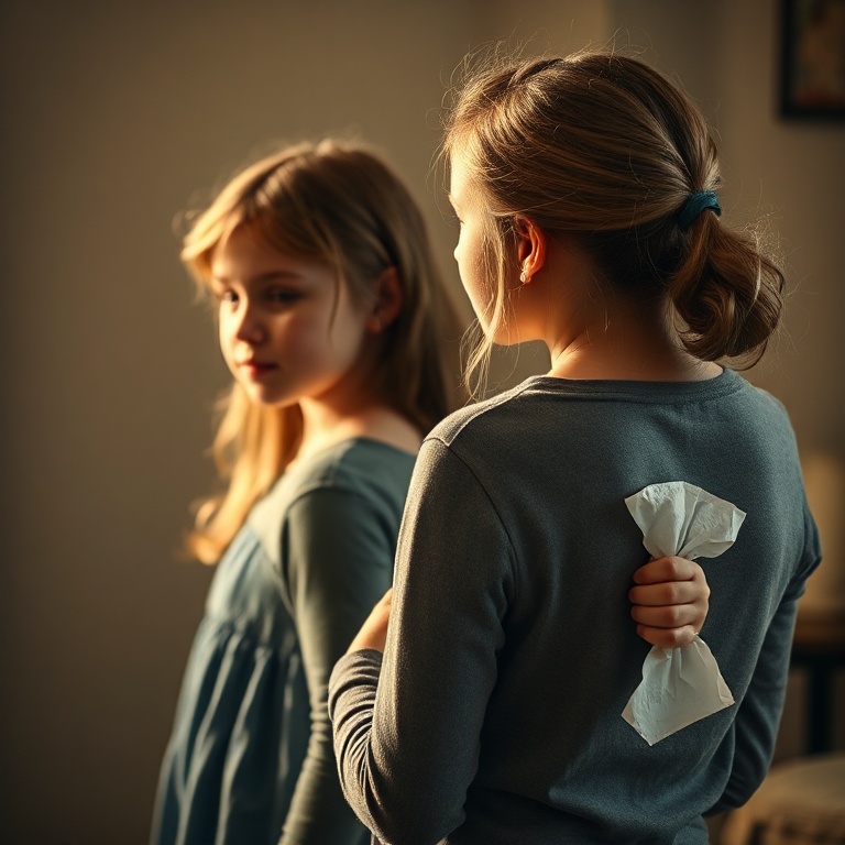 A younger sister looking at an older sister with admiration, while the older sister subtly hides a hand behind her back, clut