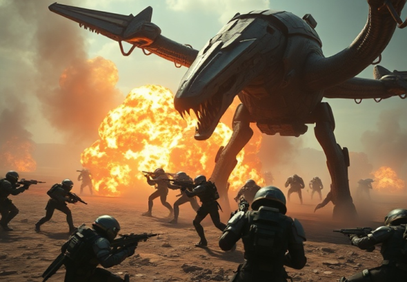 A dramatic action shot from Helldivers 2 showing players engaging a new, formidable enemy type on a desolate alien planet, explosions in the background, cinematic lighting, ultra realistic, highly detailed, 8k quality, photorealistic