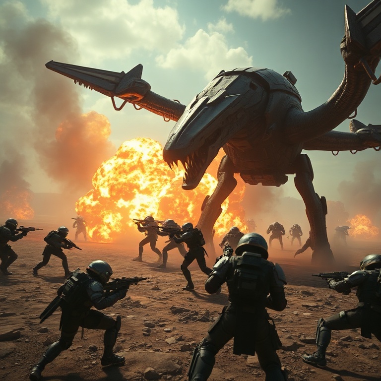 A dramatic action shot from Helldivers 2 showing players engaging a new, formidable enemy type on a desolate alien planet, explosions in the background, cinematic lighting, ultra realistic, highly detailed, 8k quality, photorealistic