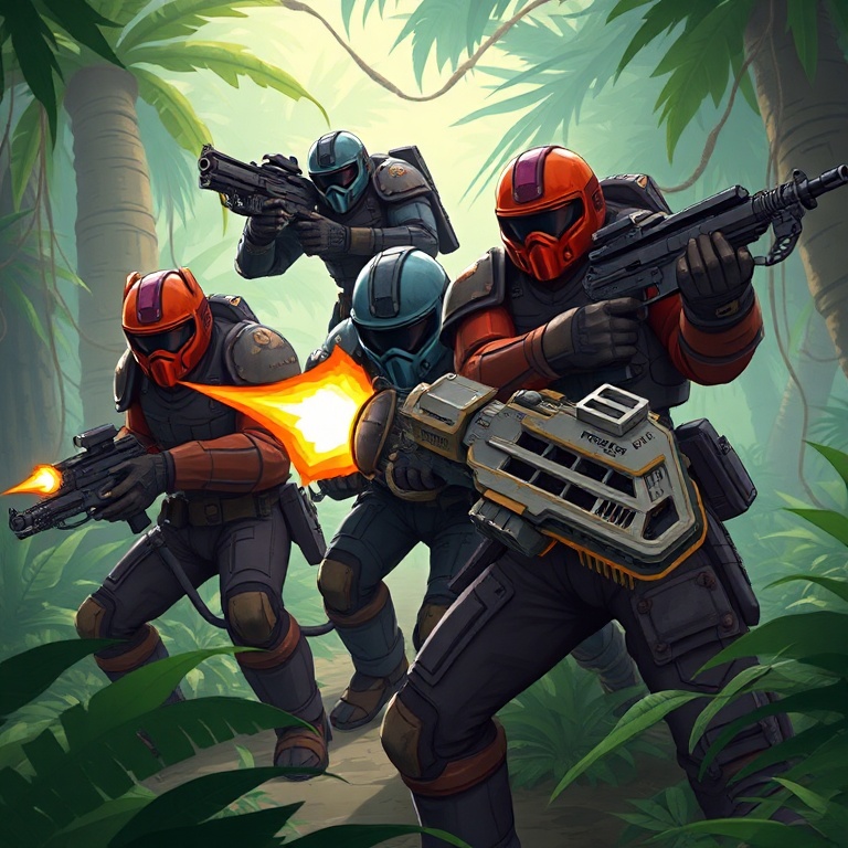 A diverse squad of Helldivers in various armor sets working together in a tactical formation, one pointing towards an objecti