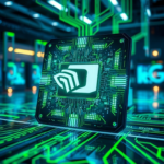 futuristic NVIDIA Grace Hopper 3 superchip glowing with blue and green circuits, intricate micro-architecture visible, surrounded by holographic data streams, sleek, modern, high-tech laboratory setting, cinematic lighting, ultra realistic, highly detailed, 8k quality, photorealistic