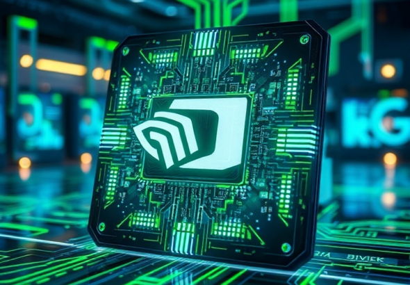 futuristic NVIDIA Grace Hopper 3 superchip glowing with blue and green circuits, intricate micro-architecture visible, surrounded by holographic data streams, sleek, modern, high-tech laboratory setting, cinematic lighting, ultra realistic, highly detailed, 8k quality, photorealistic