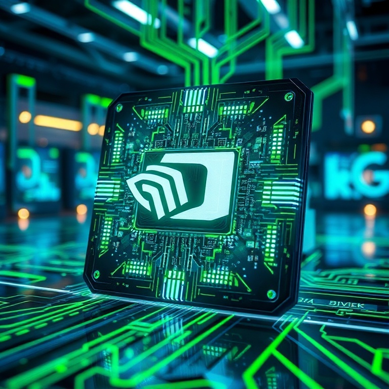 futuristic NVIDIA Grace Hopper 3 superchip glowing with blue and green circuits, intricate micro-architecture visible, surrounded by holographic data streams, sleek, modern, high-tech laboratory setting, cinematic lighting, ultra realistic, highly detailed, 8k quality, photorealistic