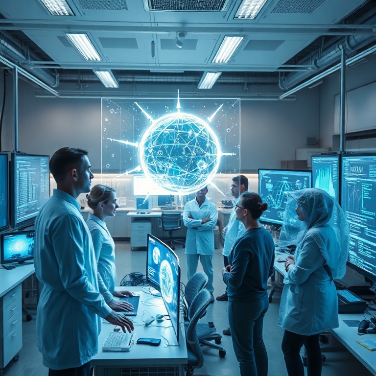 nvidia - diverse group of scientists and engineers collaborating in a modern, brightly lit lab, analyzing holographic project