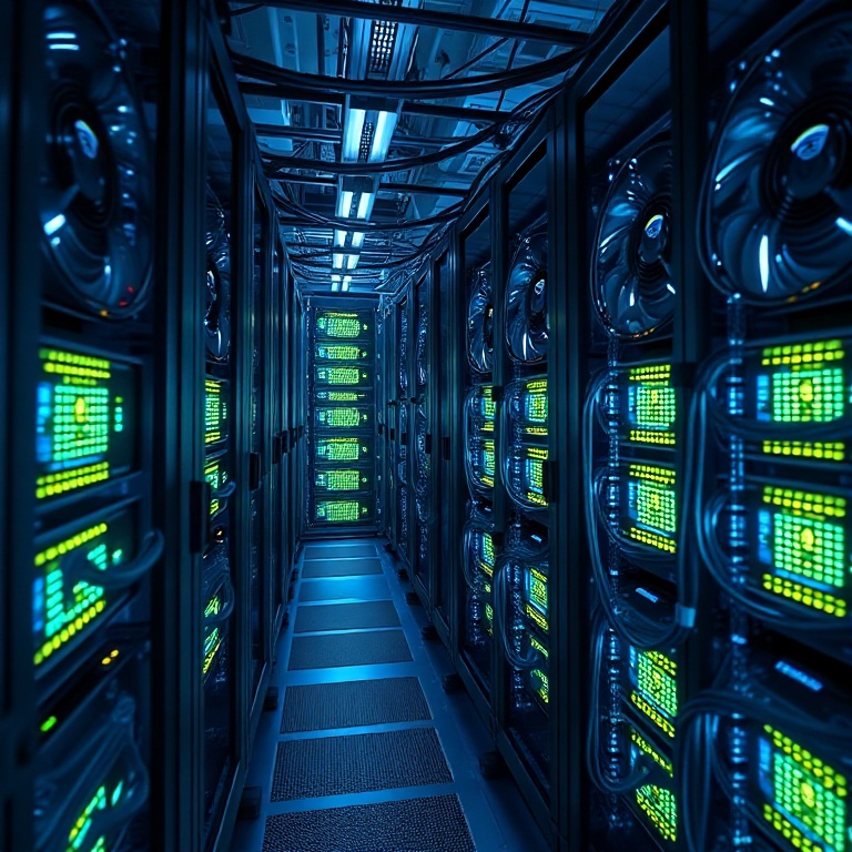 data center server racks filled with glowing NVIDIA Grace Hopper 3 superchips, intricate cabling, cool blue lighting, powerfu