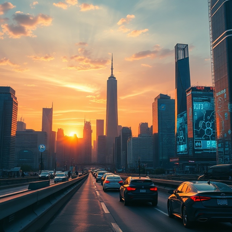 nvidia - futuristic city skyline at sunset with holographic AI interfaces projected onto buildings, self-driving cars moving