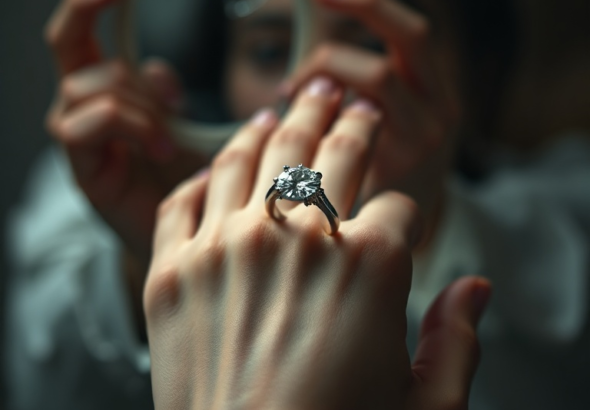 A close-up shot of a hand holding a sparkling diamond engagement ring, but with a subtle hint of unease or conflict in the background, perhaps a blurred image of shattered trust or a broken mirror, soft, melancholic lighting, emotional depth, cinematic, realistic, 8k quality, photorealistic
