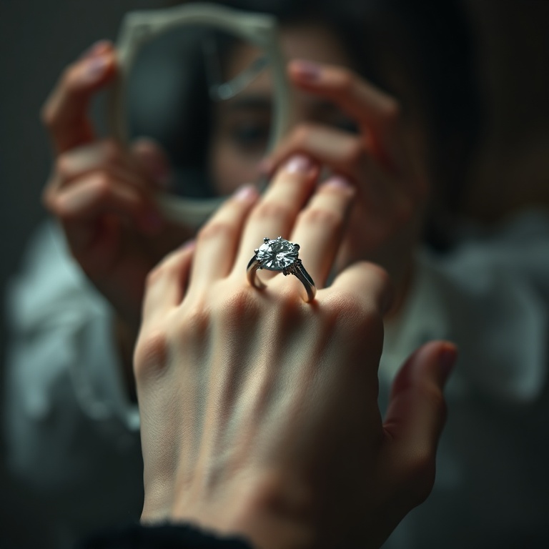 A close-up shot of a hand holding a sparkling diamond engagement ring, but with a subtle hint of unease or conflict in the background, perhaps a blurred image of shattered trust or a broken mirror, soft, melancholic lighting, emotional depth, cinematic, realistic, 8k quality, photorealistic