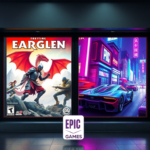 A vibrant digital storefront display showing two distinct game covers side-by-side, one depicting a fantasy RPG setting with a knight and dragon, the other a futuristic neon-lit city with a high-speed racing car. The Epic Games logo is subtly visible. Bright, inviting colors, high-resolution, gaming industry aesthetic, ultra realistic, highly detailed, 8k quality, photorealistic
