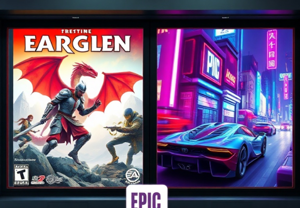 A vibrant digital storefront display showing two distinct game covers side-by-side, one depicting a fantasy RPG setting with a knight and dragon, the other a futuristic neon-lit city with a high-speed racing car. The Epic Games logo is subtly visible. Bright, inviting colors, high-resolution, gaming industry aesthetic, ultra realistic, highly detailed, 8k quality, photorealistic
